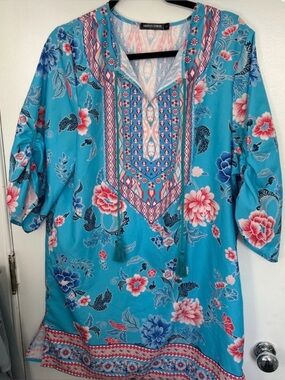 Blue Floral Split-Neck Tunic Top or cover up
